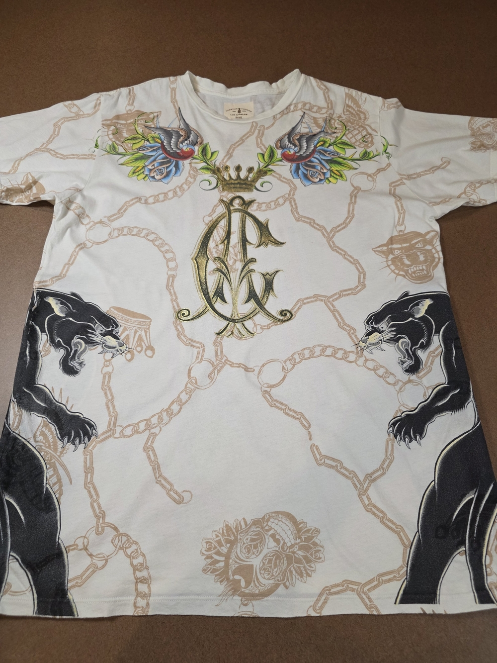 White Graphic Chain-Print Men’s T-Shirt with Panther Motif XXL Made In USA Y2K - Picture 1 of 10
